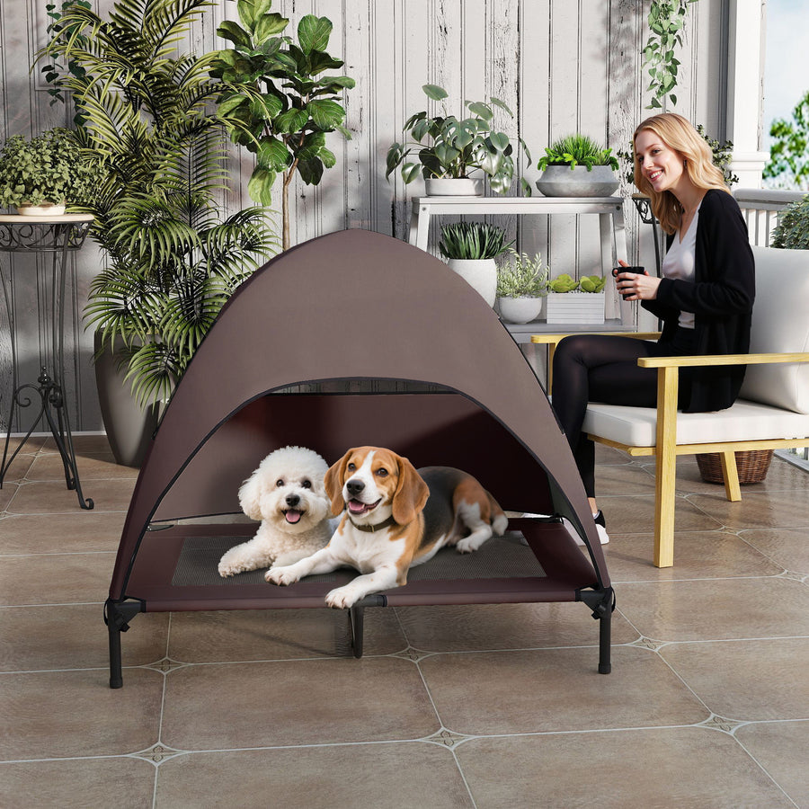 Upphöjd hundsäng med baldakin – brun/svart, 106 cm, max. 30 kg