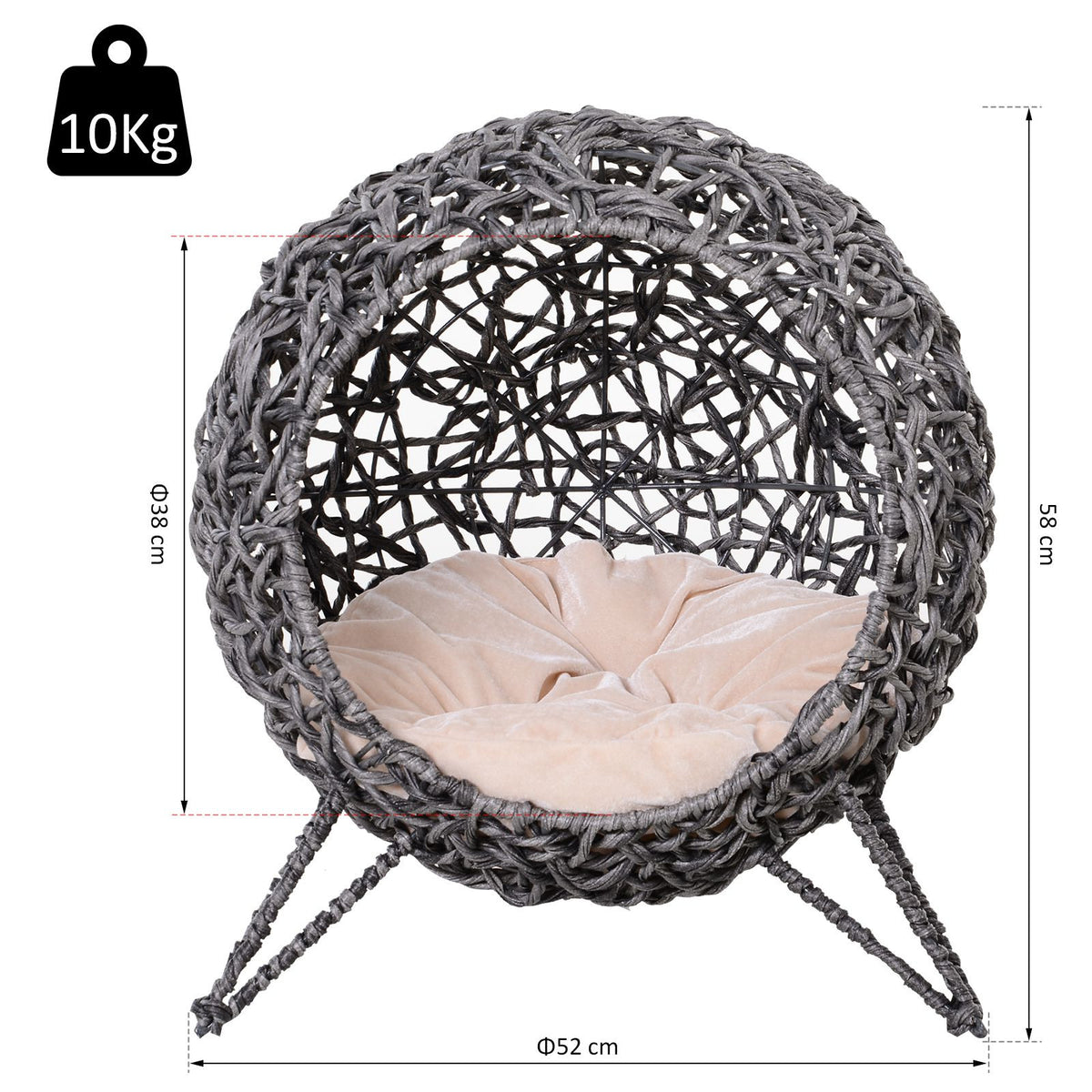 Rottingkattgrotta med mjuk kudde – silvergrå, Ø52 cm, max. 10 kg