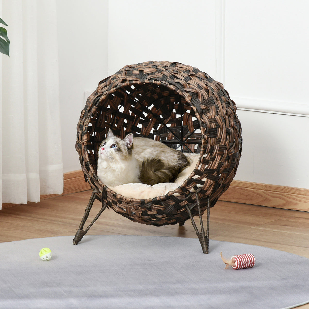 Rottingkattgrotta med mjuk kudde – brun, Ø52 cm, max. 10 kg