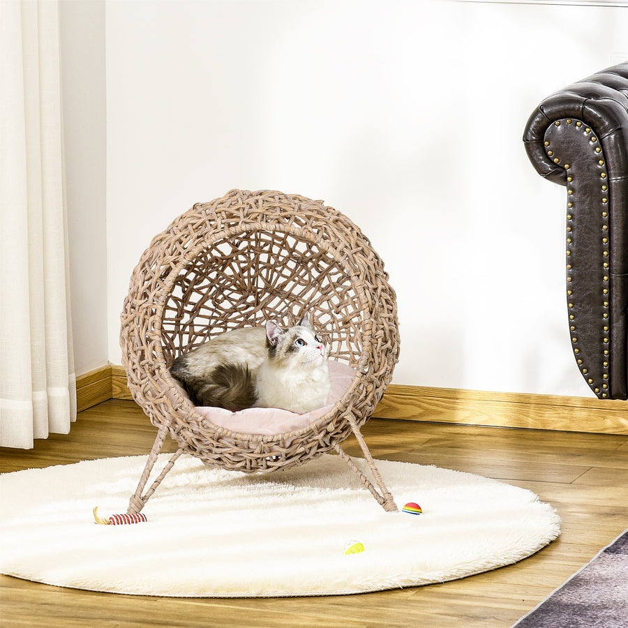 Rottingkattgrotta med mjuk kudde – beige, Ø52 cm, max. 10 kg