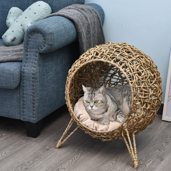 Rottingkattgrotta med mjuk kudde – beige, Ø52 cm, max. 10 kg
