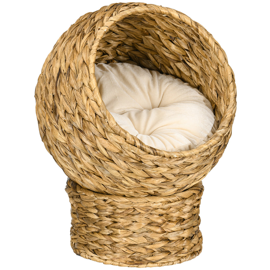 Upphöjd kattbädd av vattenhyacint med mjuk kudde – beige, 40 cm, max. 3,5 kg
