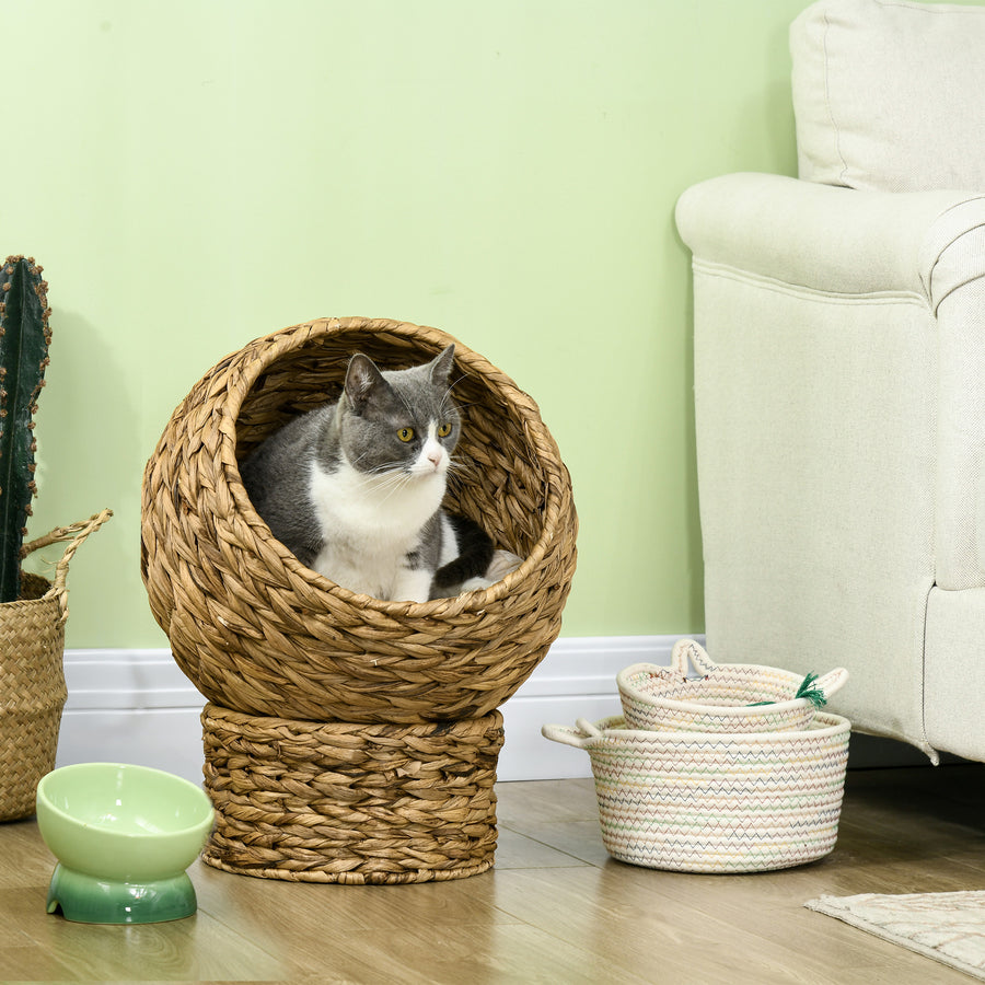 Upphöjd kattbädd av vattenhyacint med mjuk kudde – beige, 40 cm, max. 3,5 kg