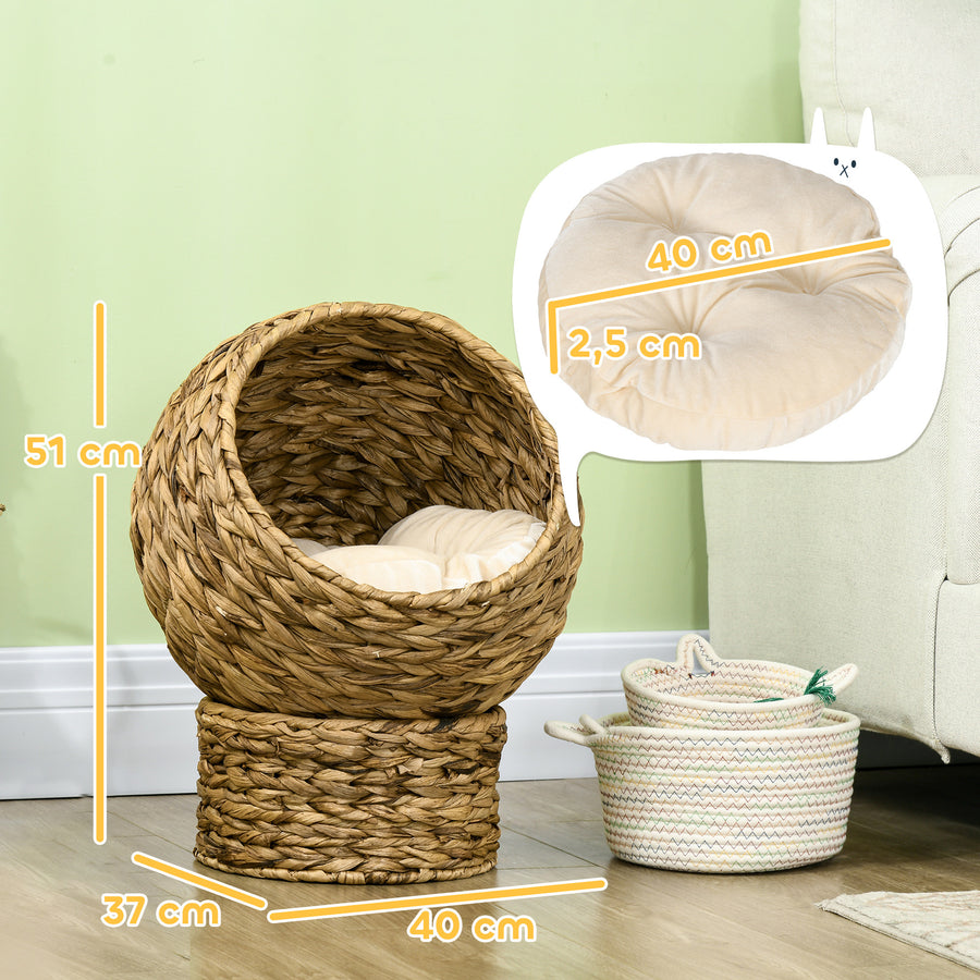 Upphöjd kattbädd av vattenhyacint med mjuk kudde – beige, 40 cm, max. 3,5 kg