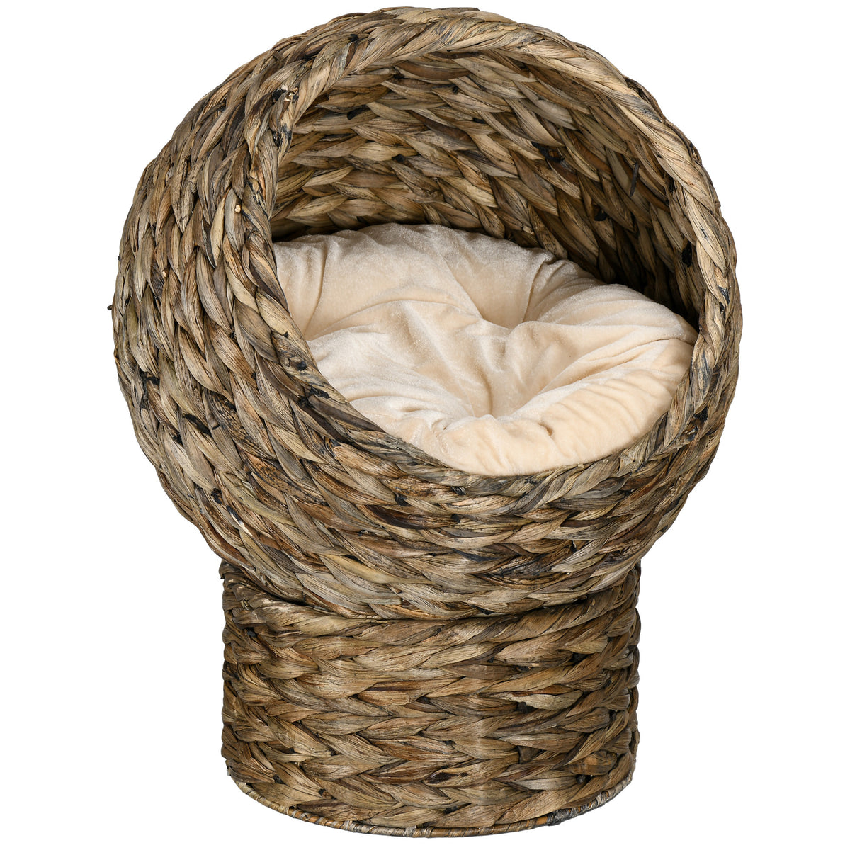 Upphöjd kattbädd av vattenhyacint med mjuk kudde – brun, 40 cm, max. 3,5 kg