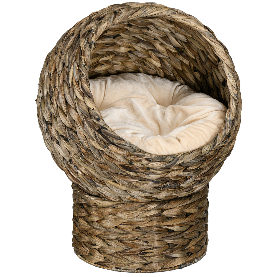 Upphöjd kattbädd av vattenhyacint med mjuk kudde – brun, 40 cm, max. 3,5 kg