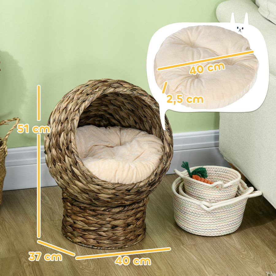 Upphöjd kattbädd av vattenhyacint med mjuk kudde – brun, 40 cm, max. 3,5 kg