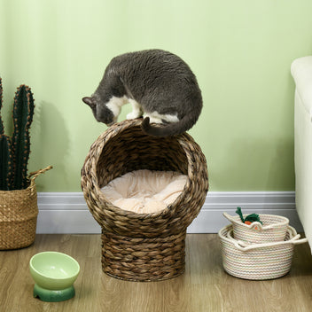Upphöjd kattbädd av vattenhyacint med mjuk kudde – brun, 40 cm, max. 3,5 kg
