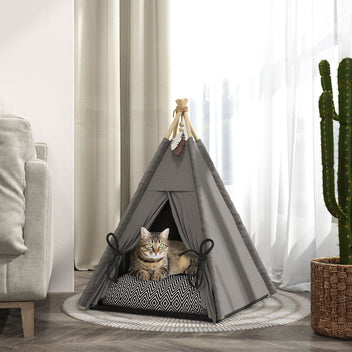 Tipi-tält för katter och små hundar – med tvättbar kudde, 60 cm, max. 5 kg, grå