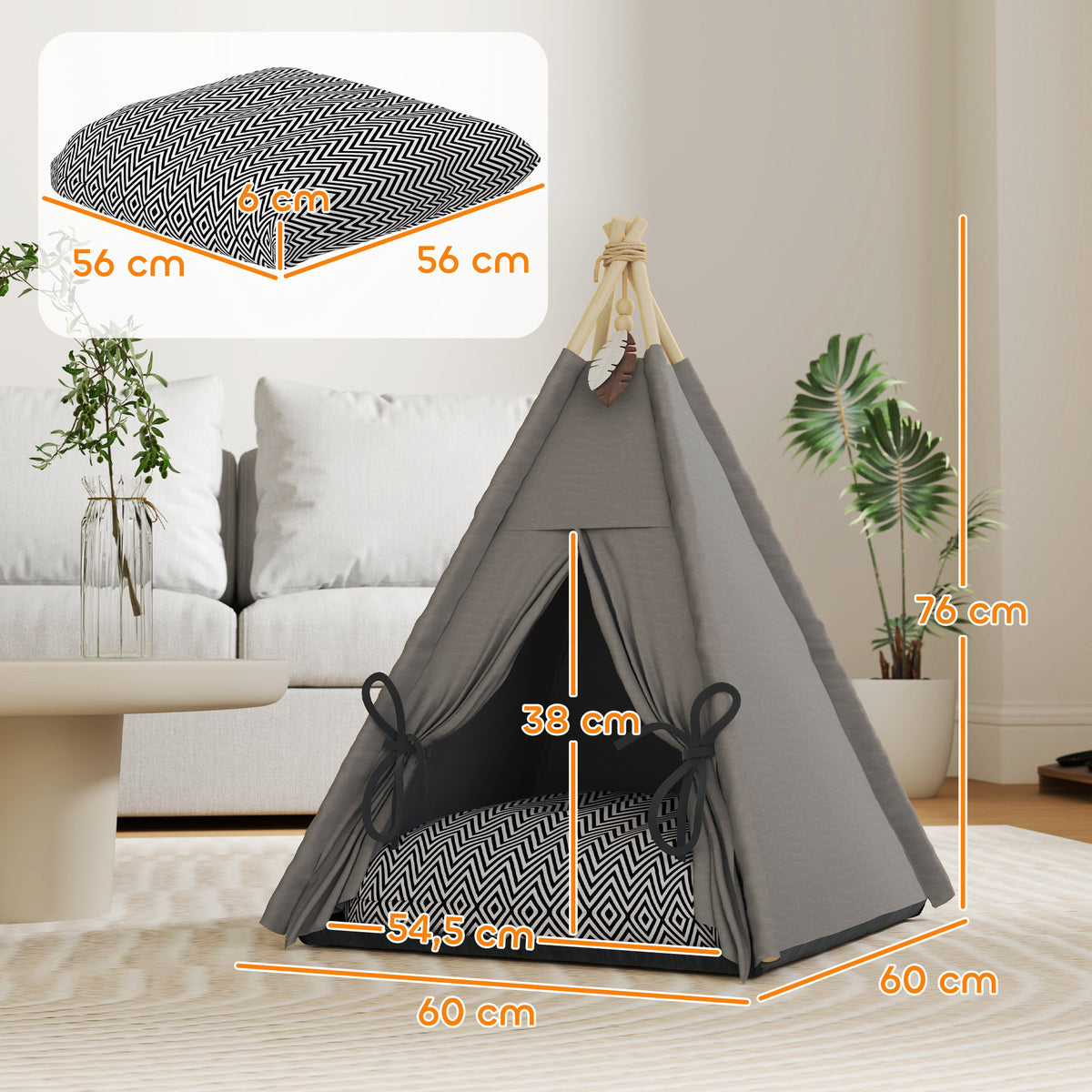 Tipi-tält för katter och små hundar – med tvättbar kudde, 60 cm, max. 5 kg, grå