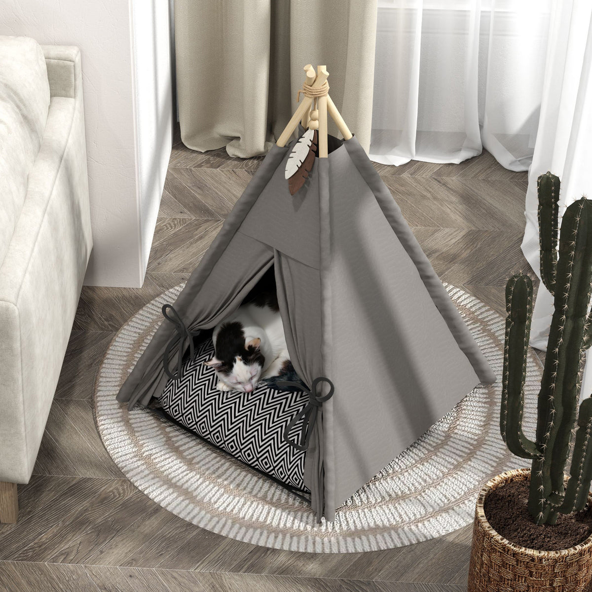 Tipi-tält för katter och små hundar – med tvättbar kudde, 60 cm, max. 5 kg, grå