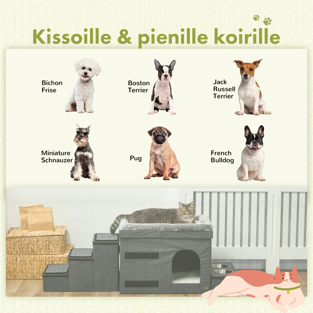 Monikäyttöinen kissatalo ja koirien portaat – sisäänrakennetut säilytystilat ja korotetut ruokakupit