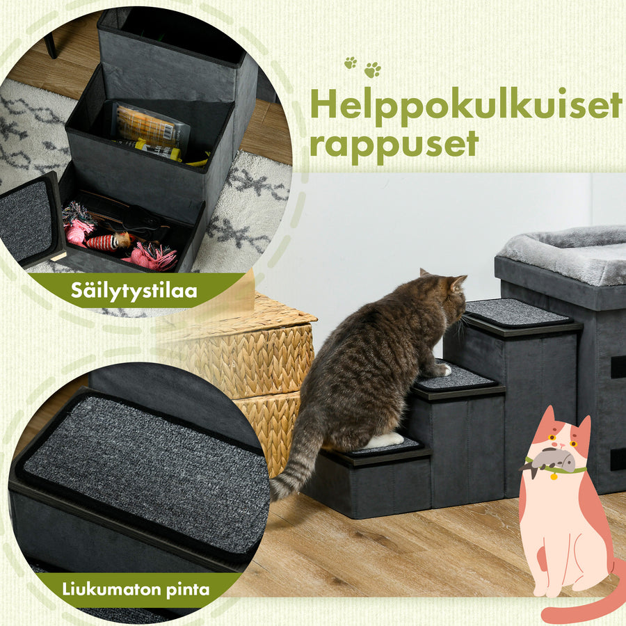 Multifunktionellt kattbo och hundtrappa – inbyggt förvaringsutrymme och upphöjda matskålar