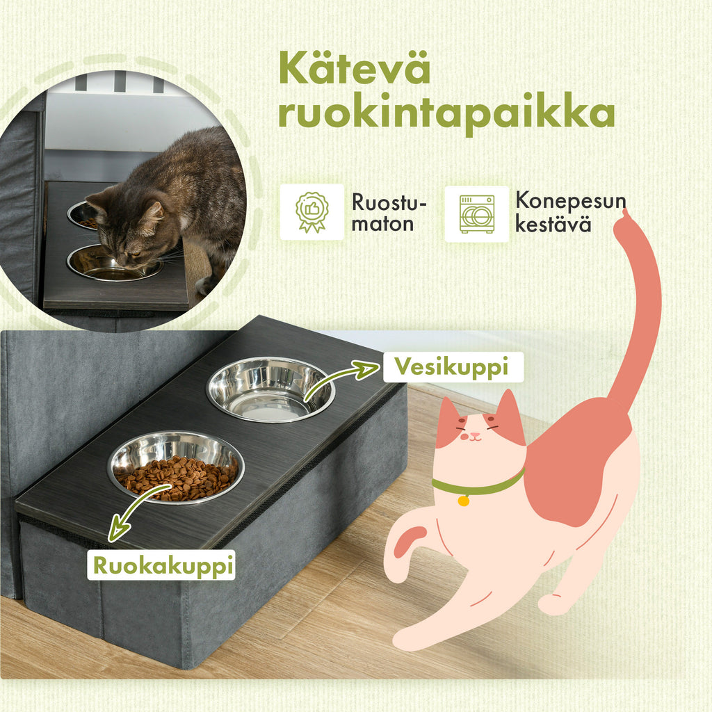 Monikäyttöinen kissatalo ja koirien portaat – sisäänrakennetut säilytystilat ja korotetut ruokakupit