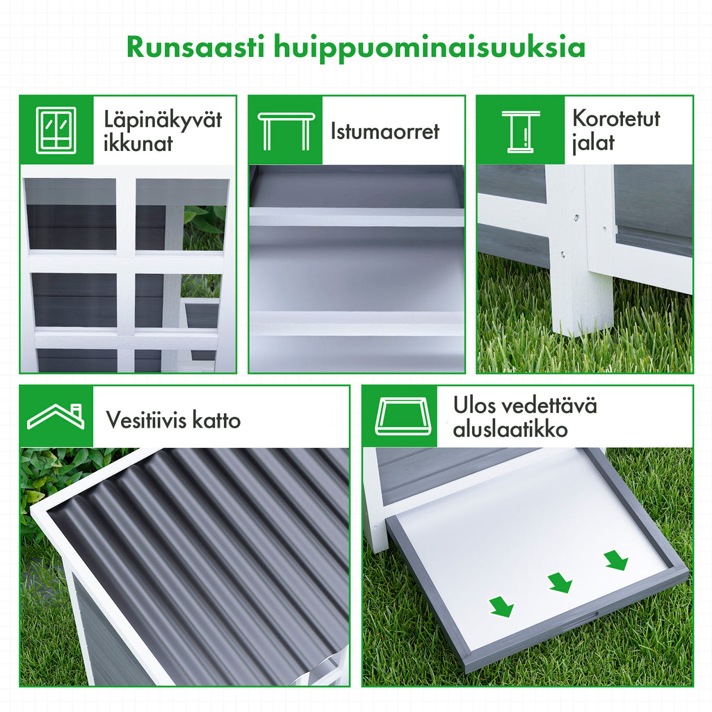 Suuri puinen kanala 4–6 kanalle – kolmiosainen munintapesä, rampillinen kulku ja säänkestävä rakenne