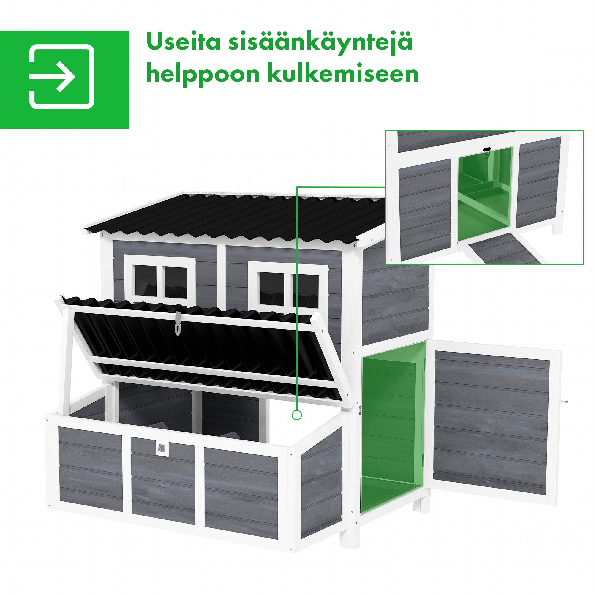 Suuri puinen kanala 4–6 kanalle – kolmiosainen munintapesä, rampillinen kulku ja säänkestävä rakenne