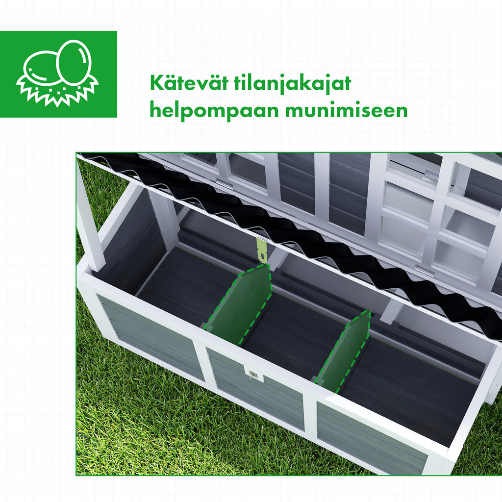 Suuri puinen kanala 4–6 kanalle – kolmiosainen munintapesä, rampillinen kulku ja säänkestävä rakenne