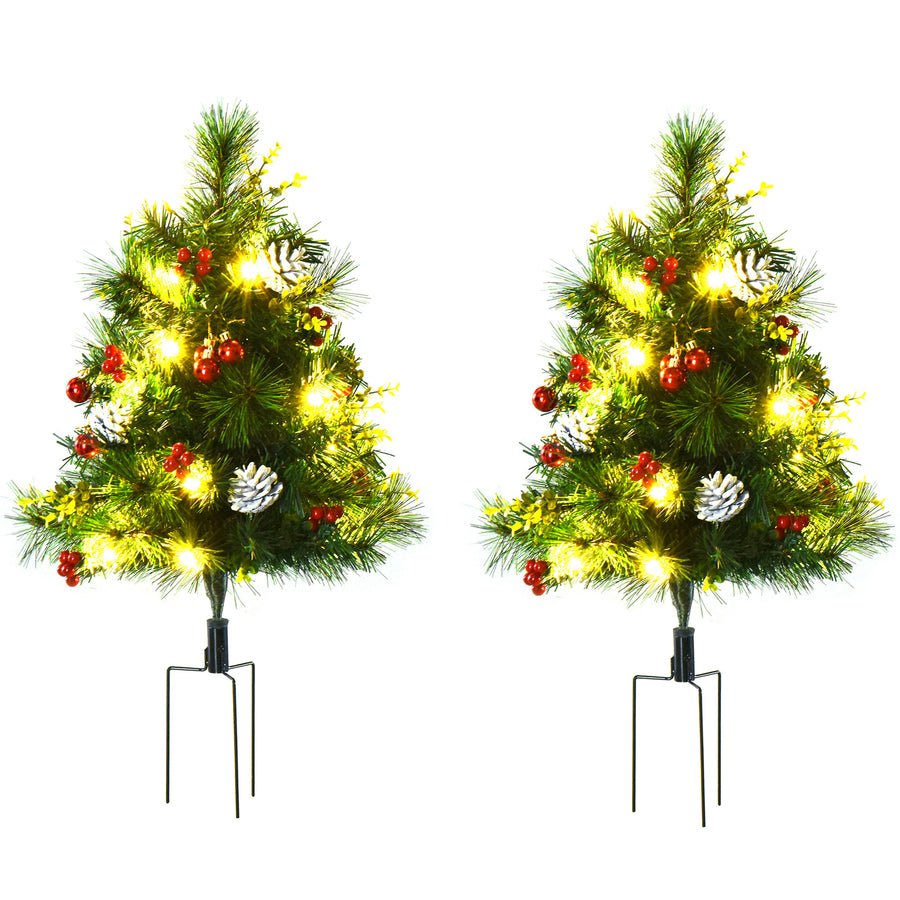 2 upplysta konstgjorda julgranar 57 cm – varmt LED-ljus, dekorationer och stadig bas, för inomhus- och utomhusbruk