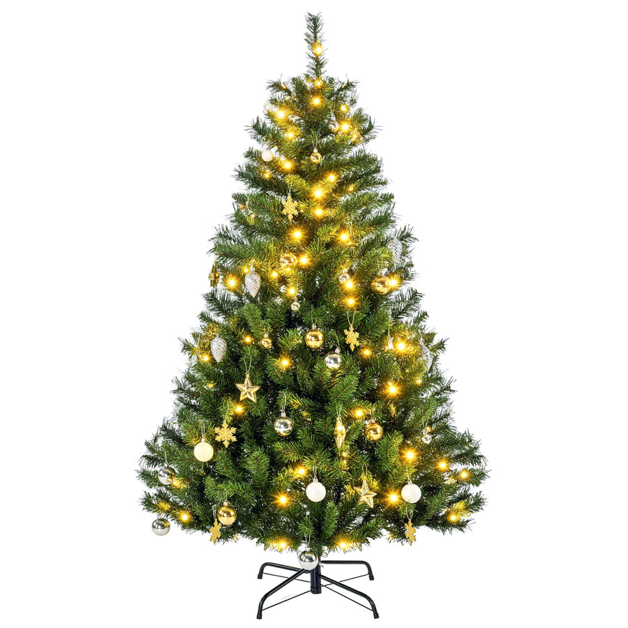 150 cm upplyst konstgjord julgran – 120 LED-lampor, dekorationer och stadig metallfot, autentisk look och brandsäker