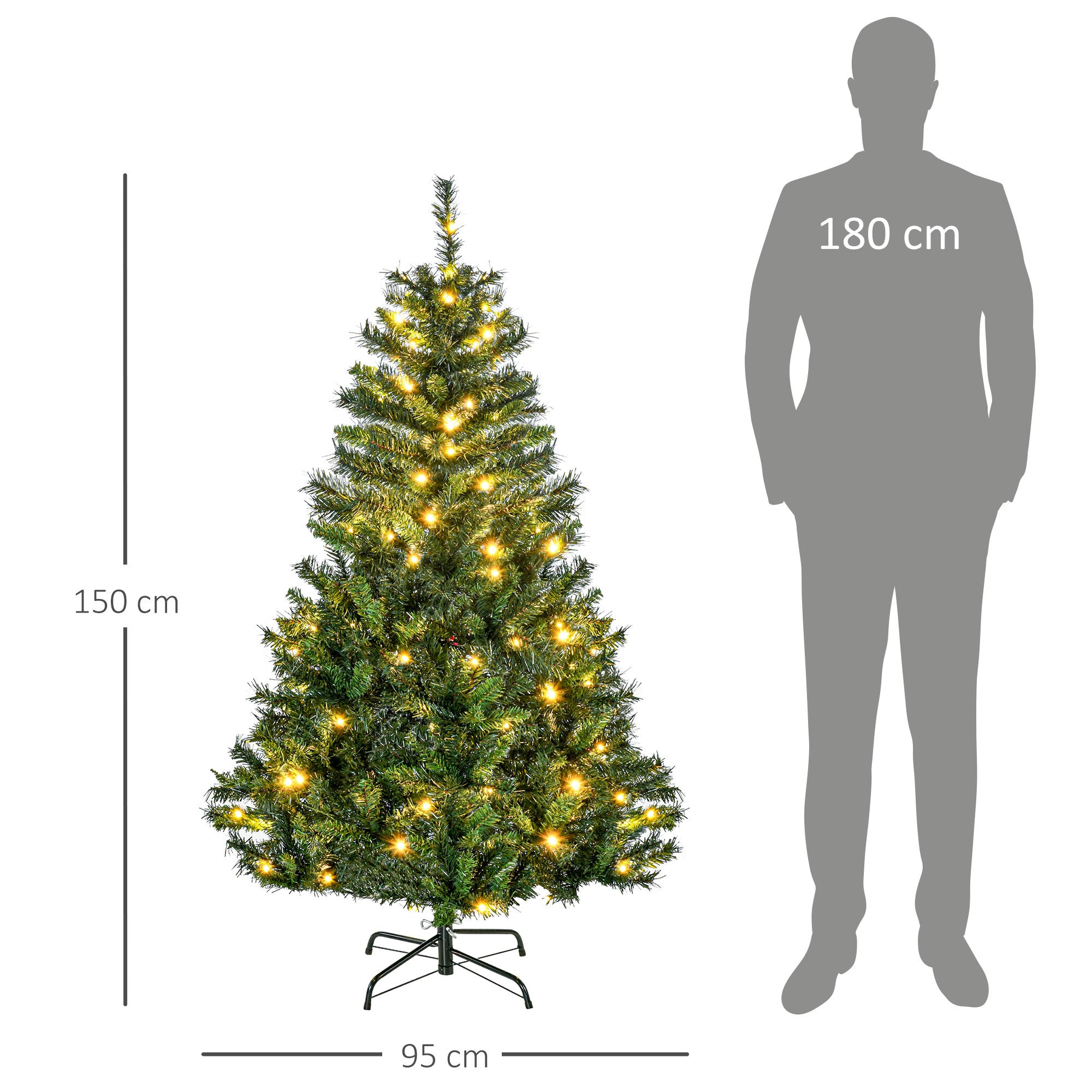 150 cm valaistu tekokuusi – 120 LED-valoa, koristeet ja tukeva metallijalka, aidonnäköinen ja paloturvallinen