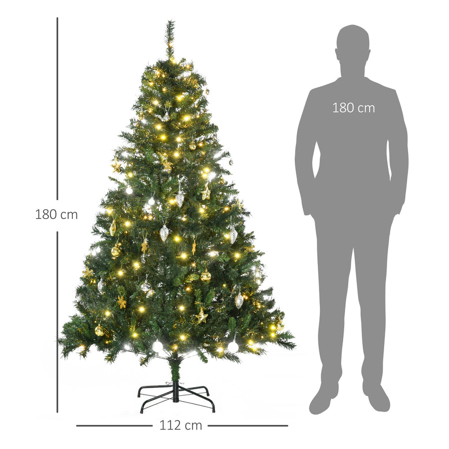 180 cm upplyst konstgjord julgran – 200 LED-lampor, dekorationer och stadig metallfot, autentisk och brandsäker julgran