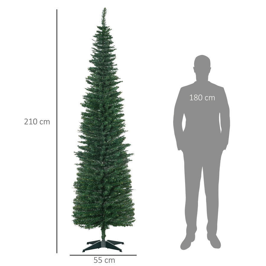 210 cm smal konstgjord gran – 499 grenar, autentiskt utseende och robust metallbas, för inomhusbruk