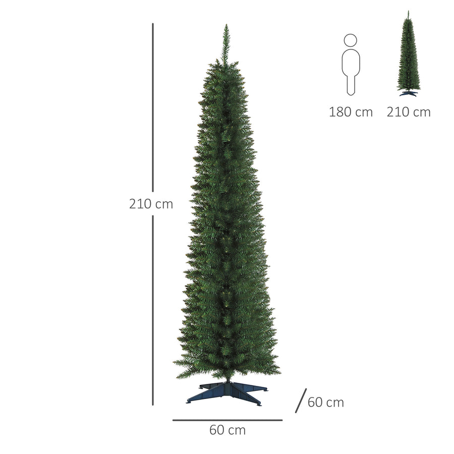 210 cm smal konstgjord gran – 499 grenar, grön PVC-gran och stadig metallbas, för inomhusbruk