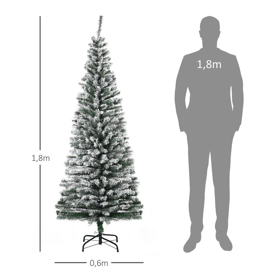 180 cm lumipäällysteinen kapea tekokuusi – 492 oksaa, vihreä kuusi metallijalalla, aidonnäköinen ja sisäkäyttöön