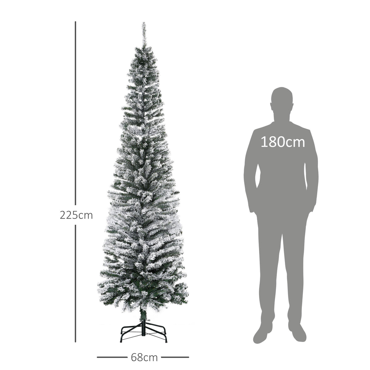 225 cm lumipäällysteinen kapea tekokuusi – 738 oksaa, aidonnäköinen ja tukeva metallijalka, sisäkäyttöön