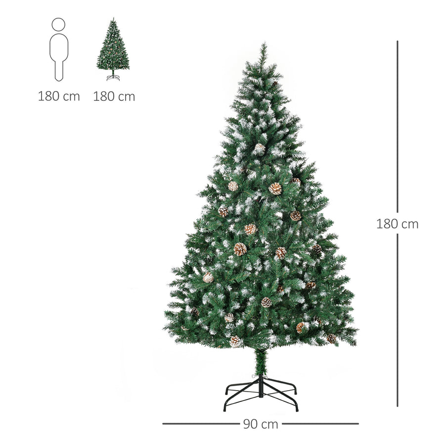 180 cm realistisk konstgjord gran med kottar – snöeffekt, 1111 grenar och stadig metallbas, för inomhusbruk