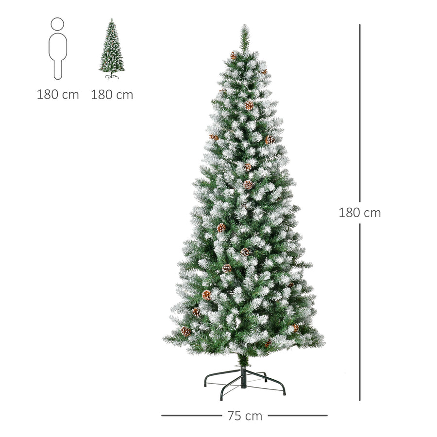 180 cm lumipäällysteinen tekokuusi kävyillä – aidonnäköinen, 630 oksaa ja tukeva metallijalka, sisäkäyttöön