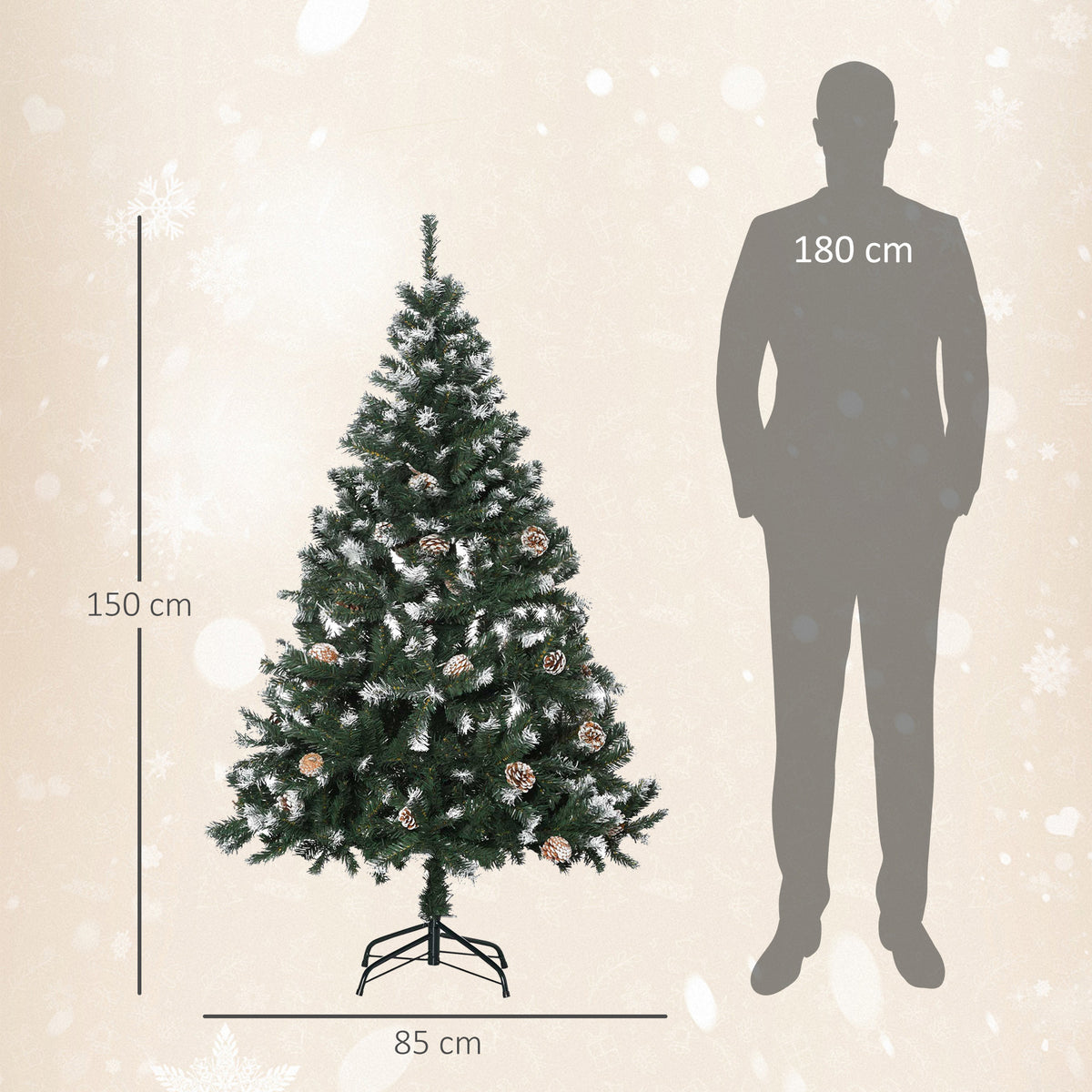 150 cm konstgjord gran med snötäckta grenar – 676 grenar, realistiskt utseende och stadig metallbas, för inomhusbruk