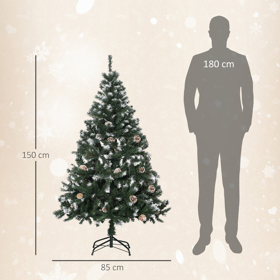 150 cm lumipäällysteinen tekokuusi kävyillä – 676 oksaa, aidonnäköinen ja tukeva metallijalka, sisäkäyttöön
