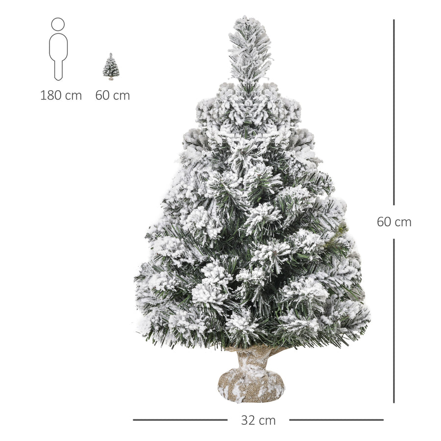60 cm snötäckt minigran – 67 grenar, jute-baserad bordsgran för inomhusbruk