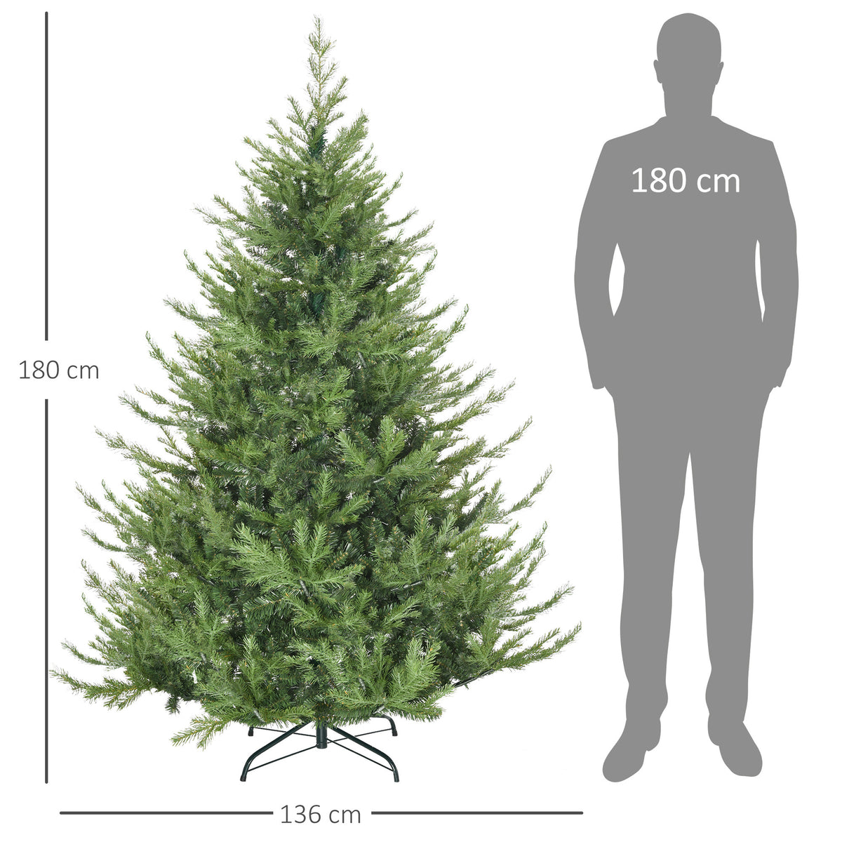 180 cm realistisk konstgjord gran – 1942 grenar, full och stadig metallbas, brandsäker och enkel att montera
