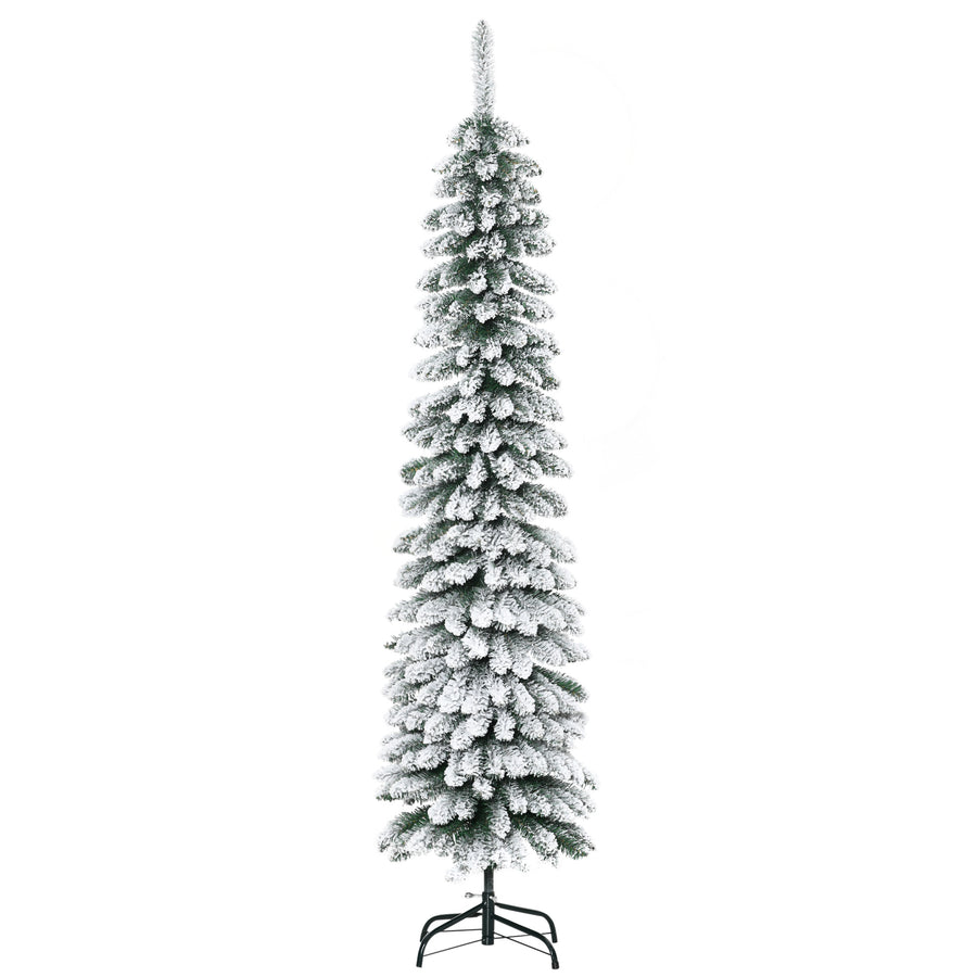180 cm lumipäällysteinen kapea tekokuusi – 395 oksaa, aidonnäköinen ja tukeva metallijalka, sisäkäyttöön