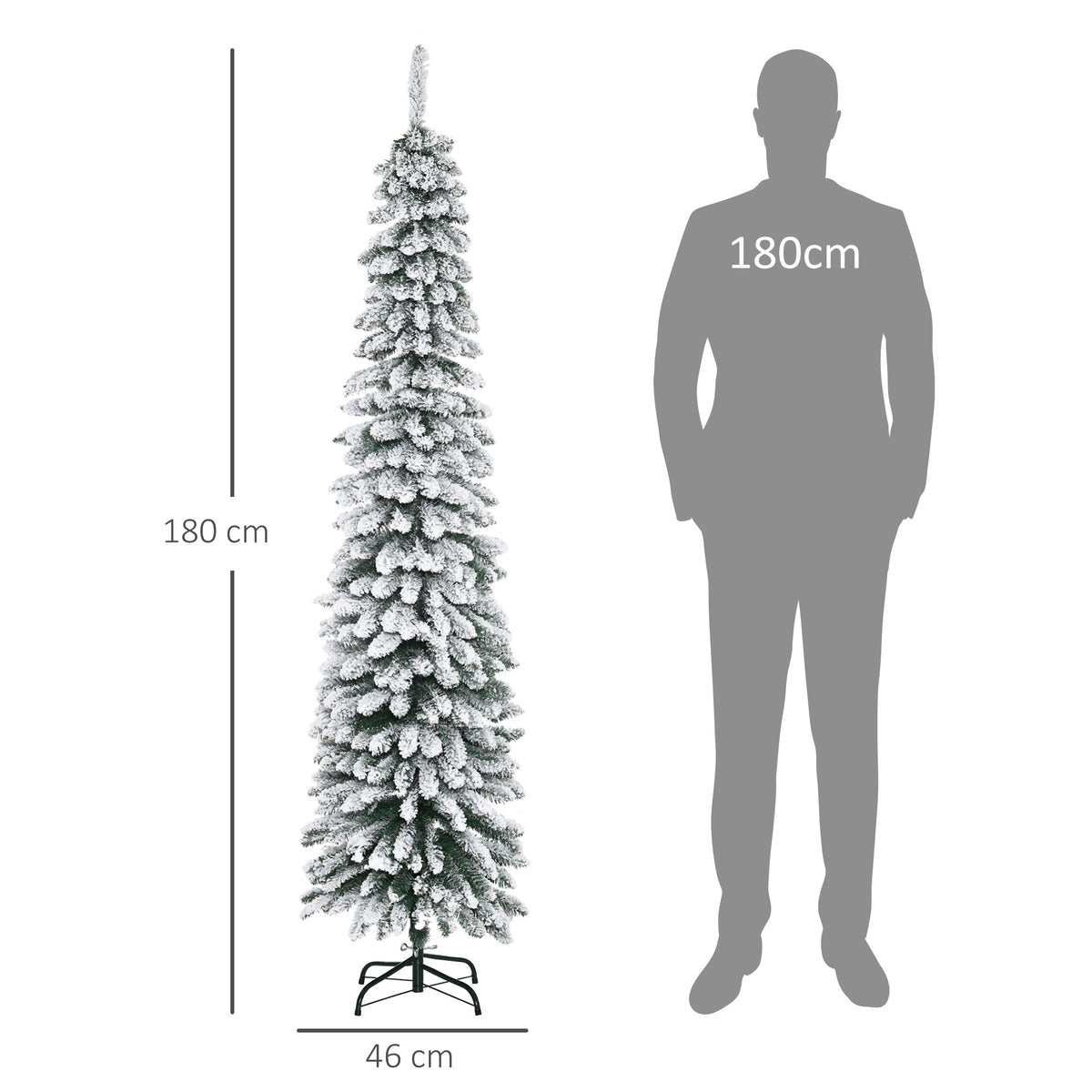 180 cm smal konstgjord gran med snöbeläggning – 395 grenar, realistiskt utseende och stadig metallbas, för inomhusbruk