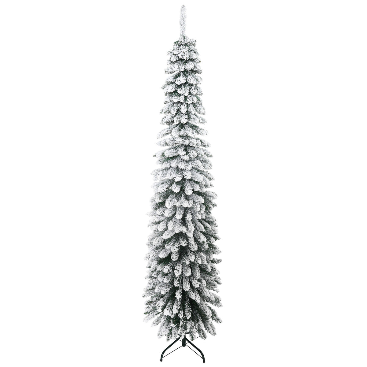 210 cm lumipäällysteinen kapea tekokuusi – 490 oksaa, aidonnäköinen ja tukeva metallijalka, sisäkäyttöön