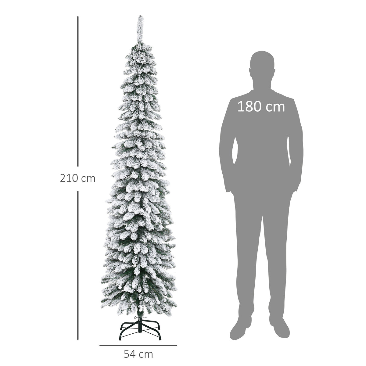 210 cm smal konstgjord gran med snötäcke – 490 grenar, realistisk och robust metallbas, för inomhusbruk