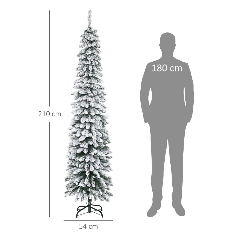 210 cm smal konstgjord gran med snötäcke – 490 grenar, realistisk och robust metallbas, för inomhusbruk