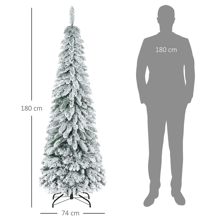 180 cm smal konstgjord gran med snöbeläggning – 523 grenar, realistisk och robust metallbas, brandsäker och enkel att montera