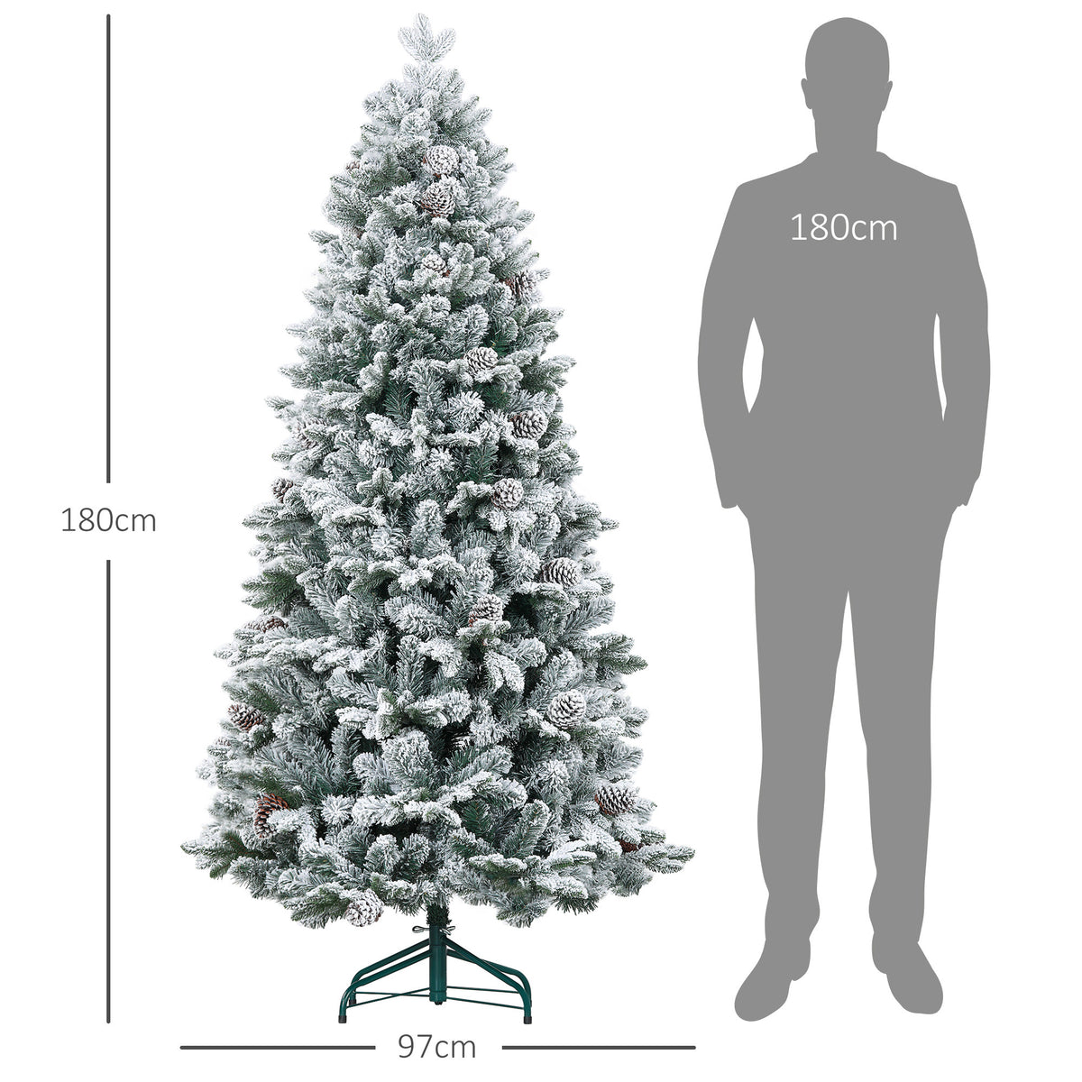 180 cm lumipäällysteinen tekokuusi kävyillä – 1489 oksaa, aidonnäköinen ja paloturvallinen kuusi metallijalalla