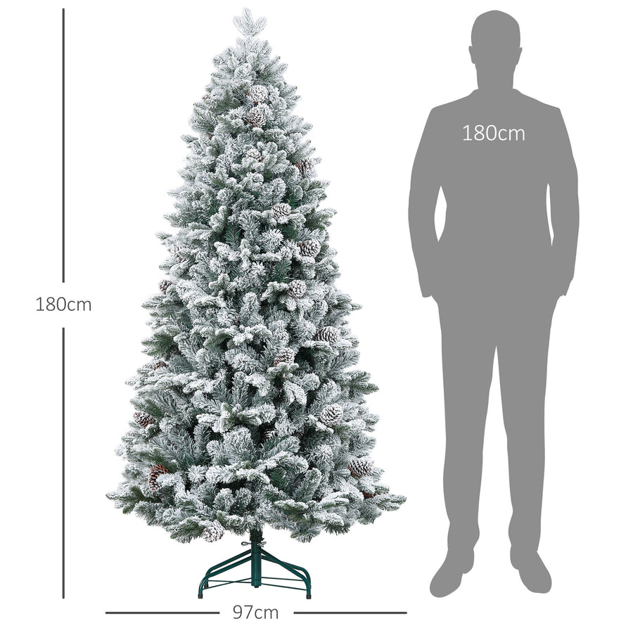 180 cm konstgjord gran med snötäckta grenar – 1489 grenar, realistisk och brandsäker gran med metallfot