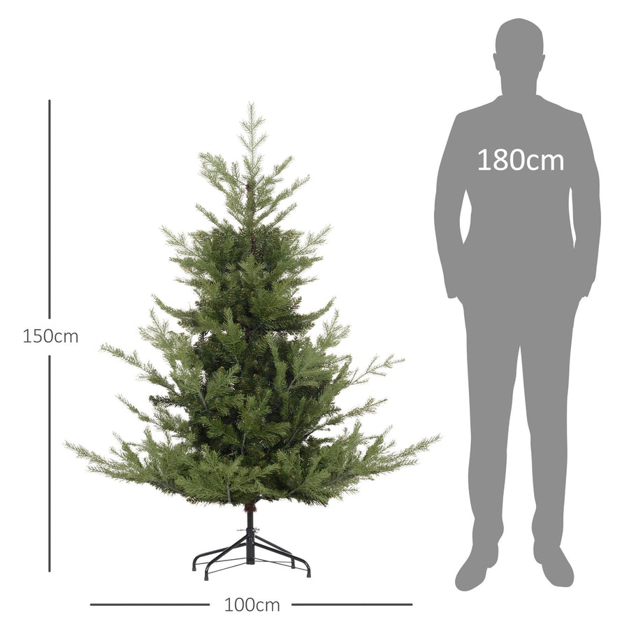 150 cm realistisk konstgjord julgran – 1290 grenar, brandsäker och stadig metallbas, enkel att montera och förvara