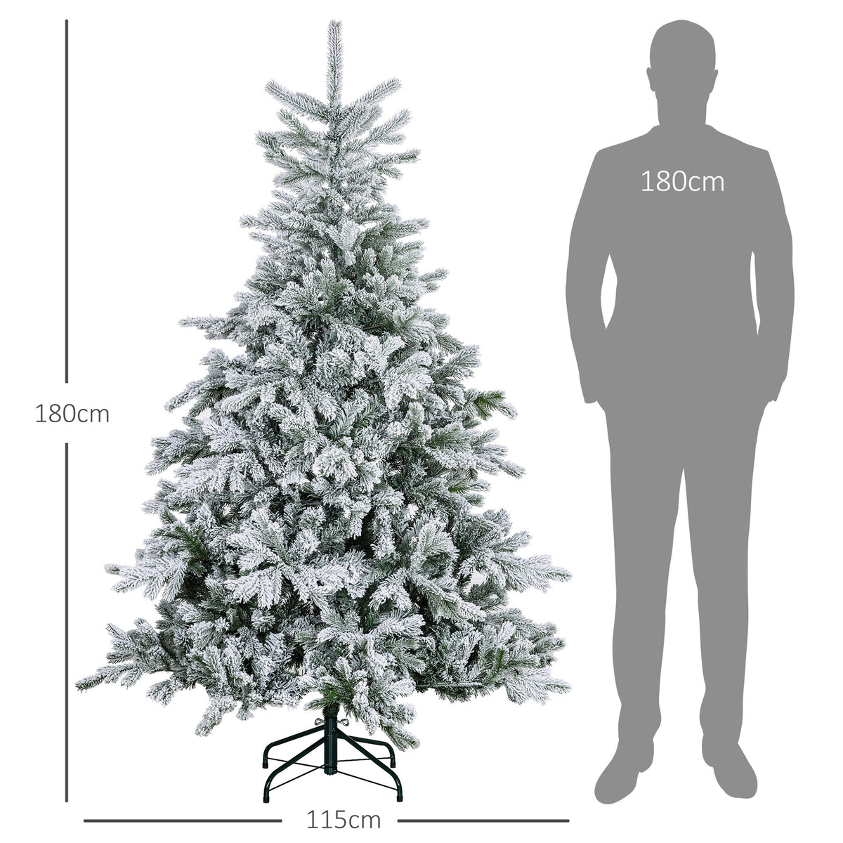 180 cm lumipäällysteinen tekokuusi – 1321 oksaa, aidonnäköinen ja paloturvallinen joulukuusi metallijalalla, helppo koota