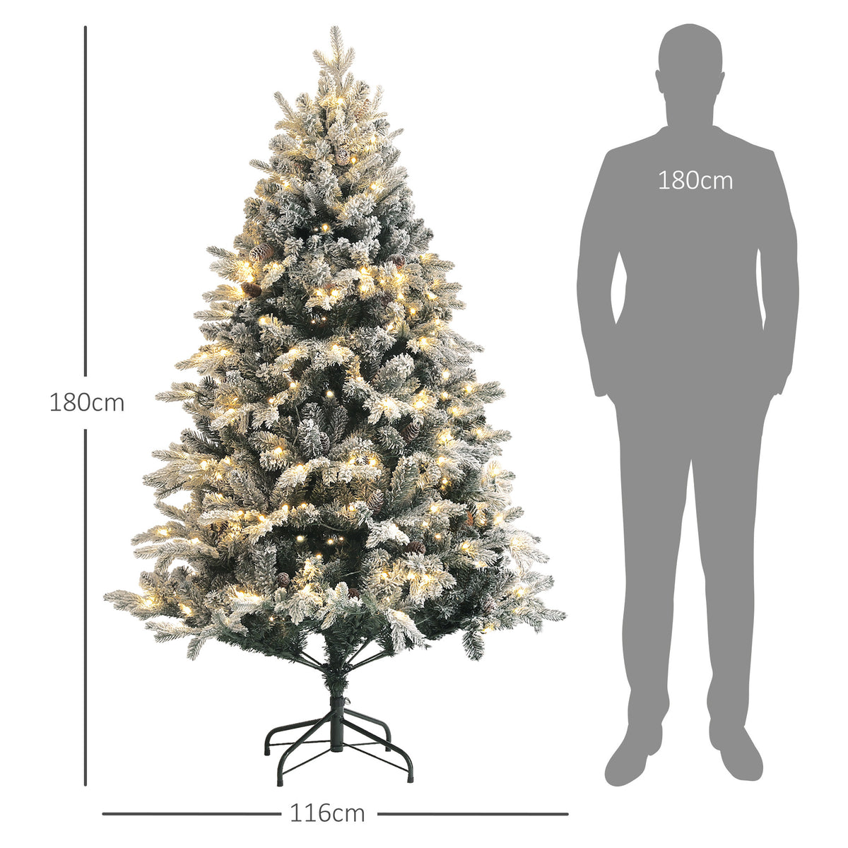 180 cm lumipäällysteinen LED-tekokuusi – 200 lämminsävyistä LED-valoa, paloturvallinen ja tukeva metallijalka, helppo koota