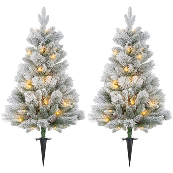 2 x 107 cm snötäckt LED-julgran – varmvit belysning, röda bär och kottar, batteridriven