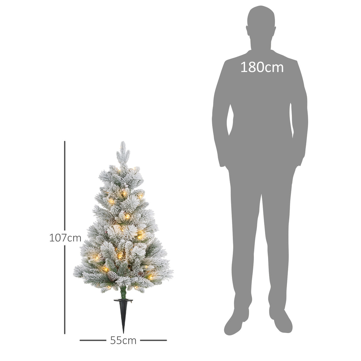 2 x 107 cm snötäckt LED-julgran – varmvit belysning, röda bär och kottar, batteridriven