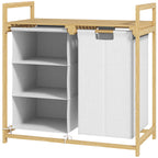 Bambusta valmistettu pyykkikori hyllyllä ja kahdella irrotettavalla korilla – 83 L kapasiteetti, valkoinen/natural