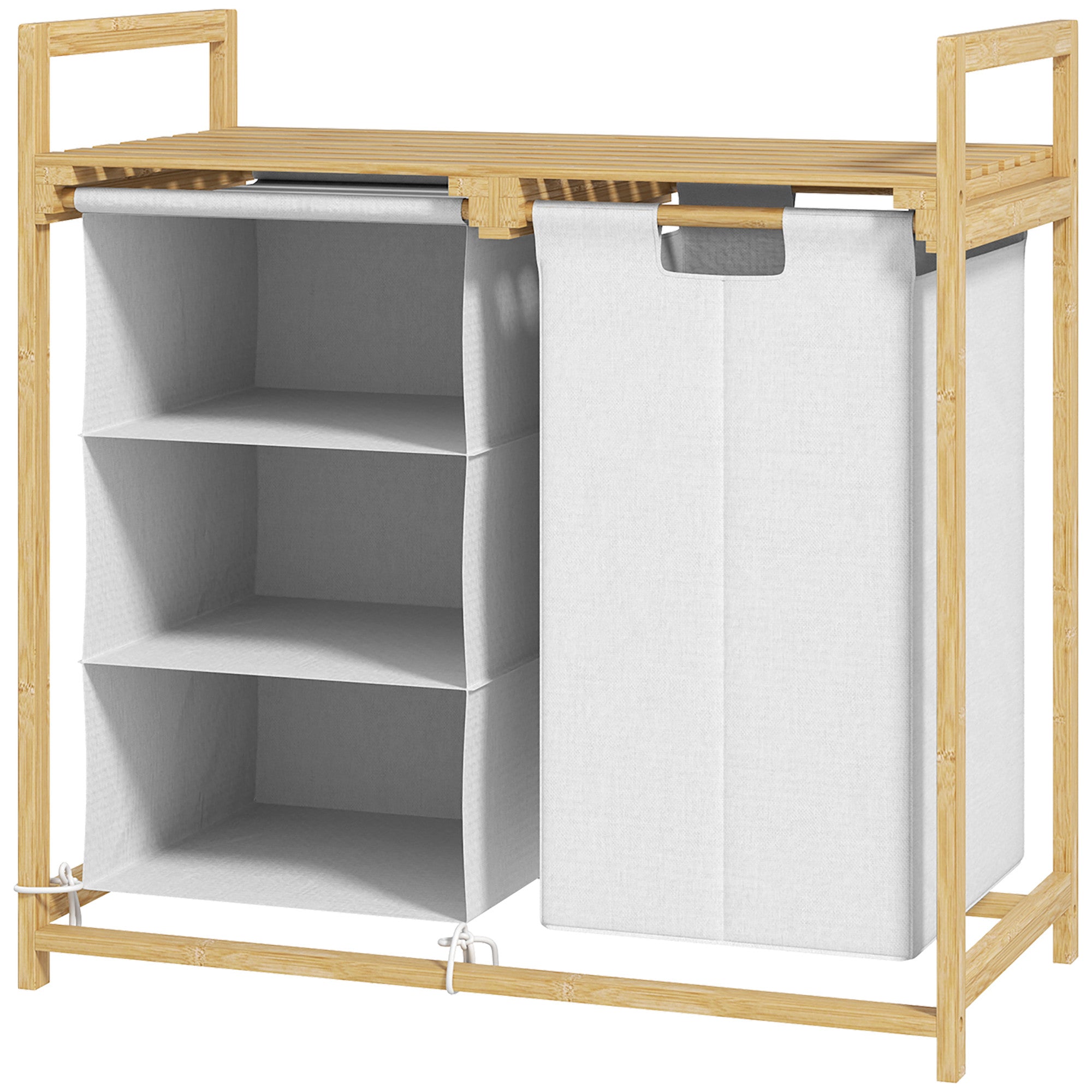Bambusta valmistettu pyykkikori hyllyllä ja kahdella irrotettavalla korilla – 83 L kapasiteetti, valkoinen/natural